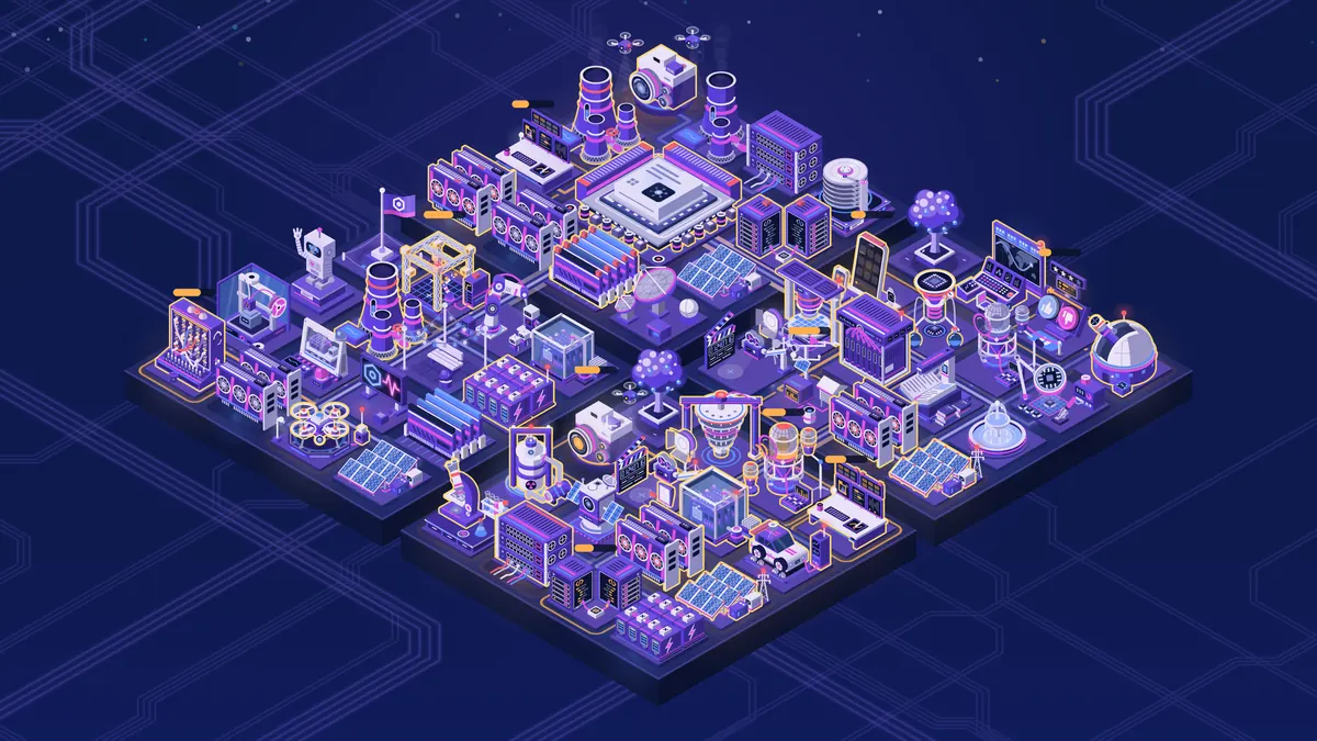 A late AI Campus: four districts of isometric buildings around the AI Core