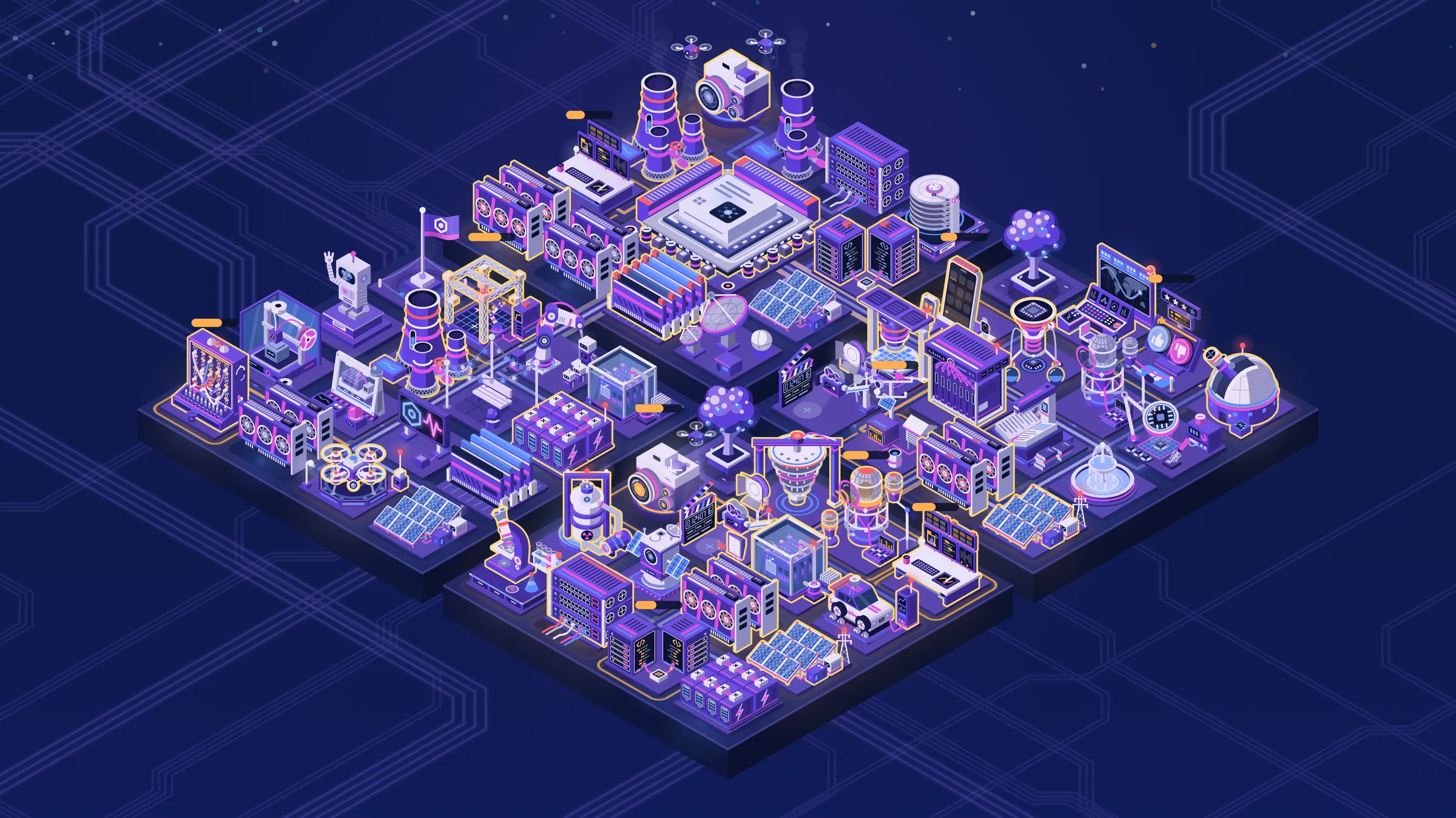 A late AI Campus: four districts of isometric buildings around the AI Core