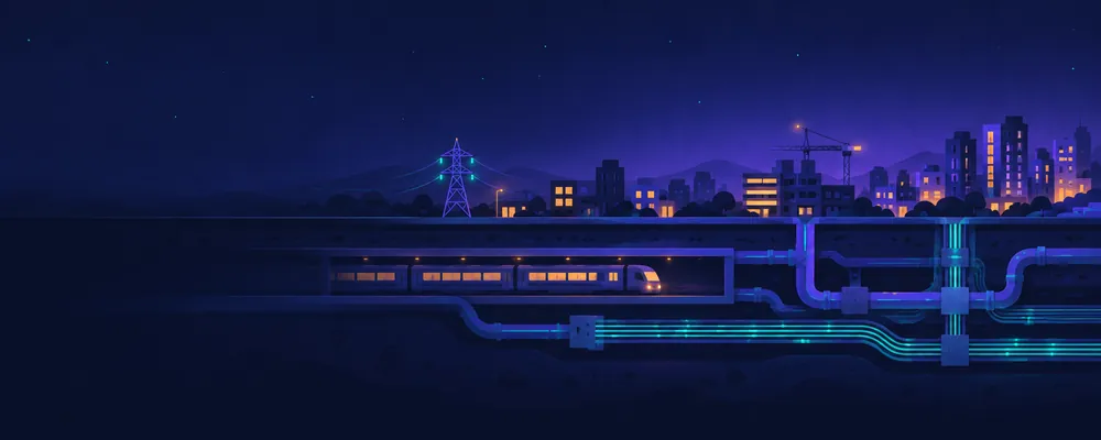 A town at night, with its power line, train, pipes and cables cut open below the ground